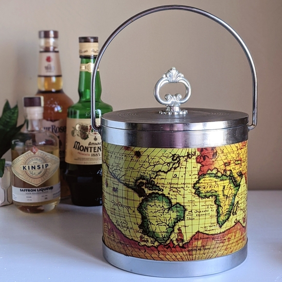 vintage ice bucket/ planter with latin map print - Picture 2 of 7